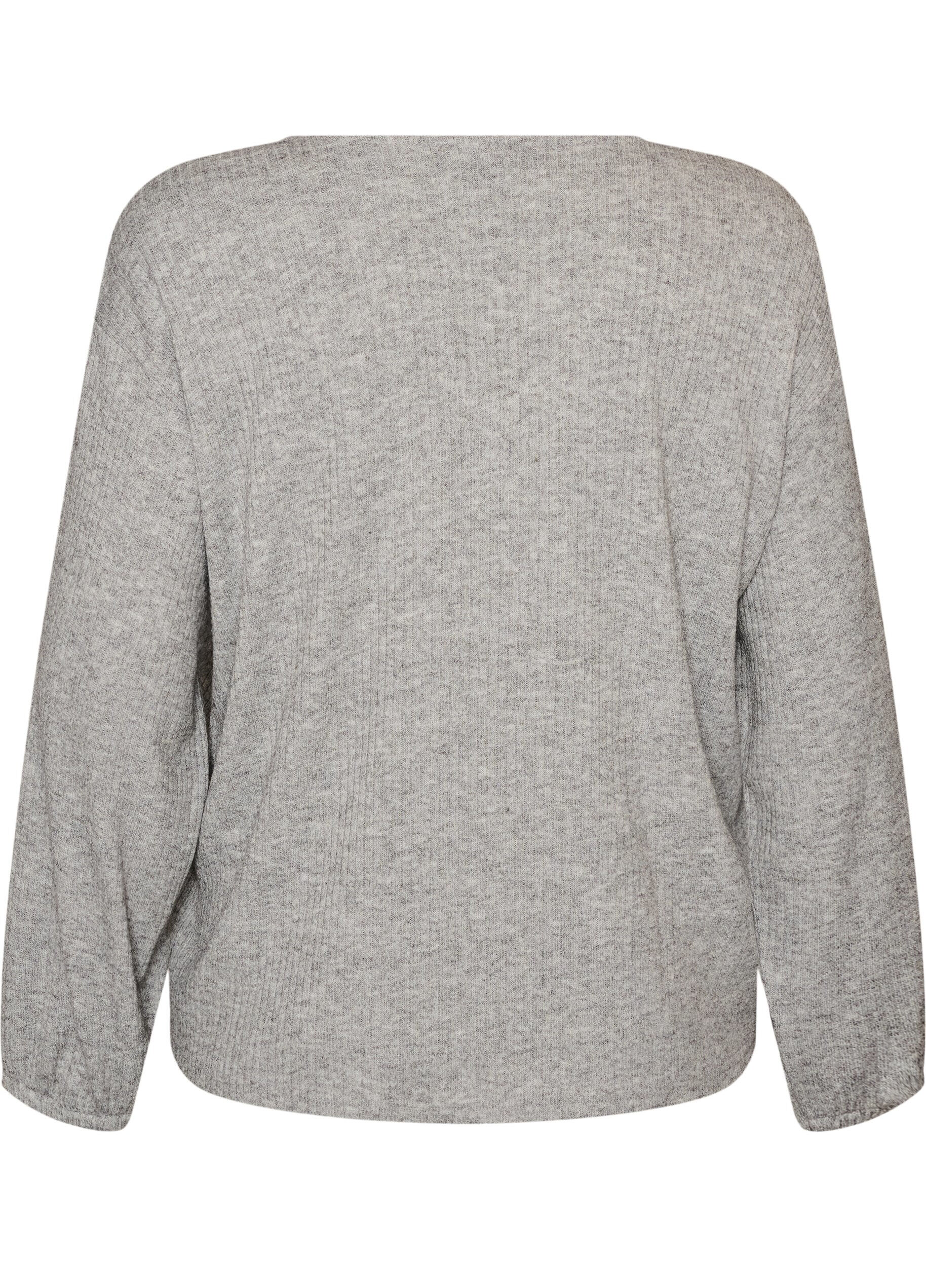 ZizziBlus i jersey med ribbad textur och v-ringning, Gr&aring;, Packshot image number 1