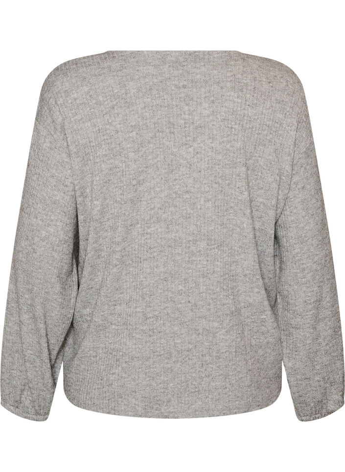 Blus i jersey med ribbad textur och v-ringning, Gr&aring;, Packshot image number 1
