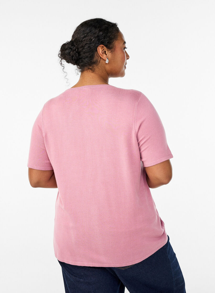 Kort&auml;rmad stickad kofta i viskos, Rosa, Model image number 2