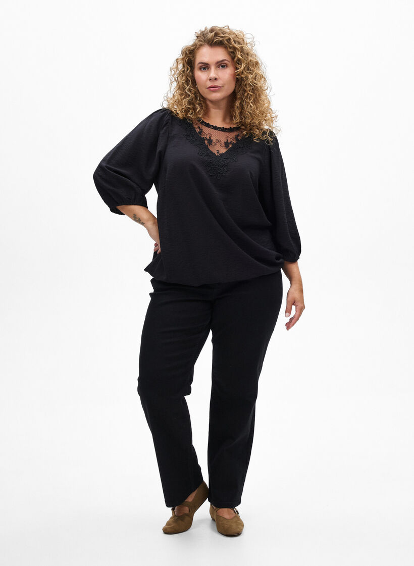 Blus med 3/4-&auml;rm och spetsdetaljer, Svart, Model image number 1