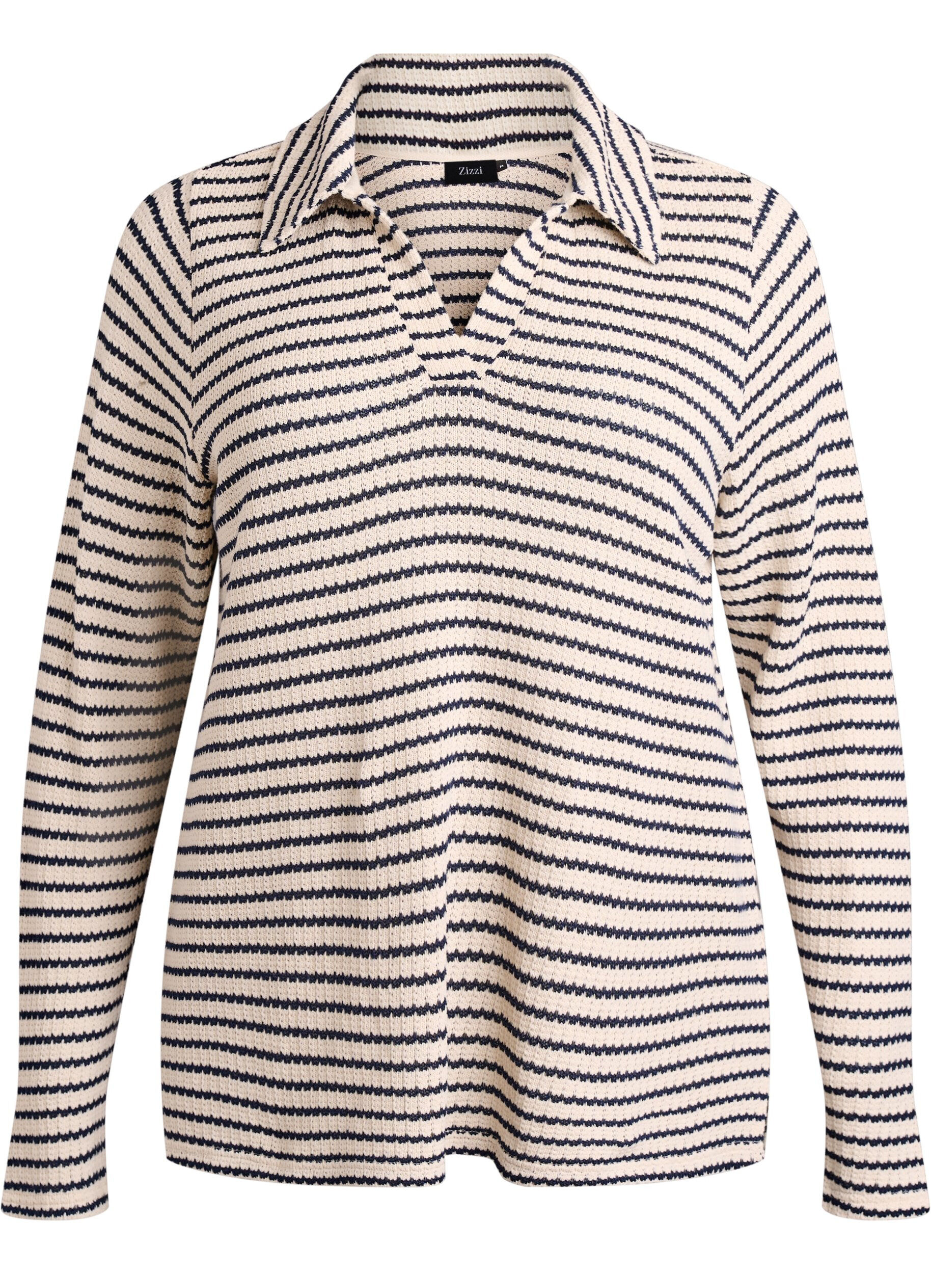 Randig blus i jersey med krage och v-ringning