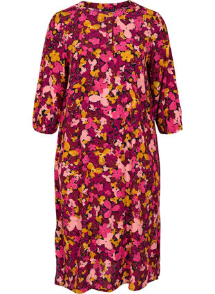 Blommig viskosklänning med 3/4 ärmar, Hot Pink Flower, Packshot image number 0