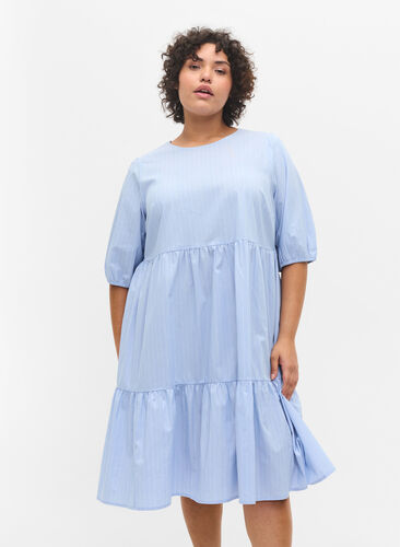Randig klänning med korta puffärmar, Blue As Sample, Model image number 0