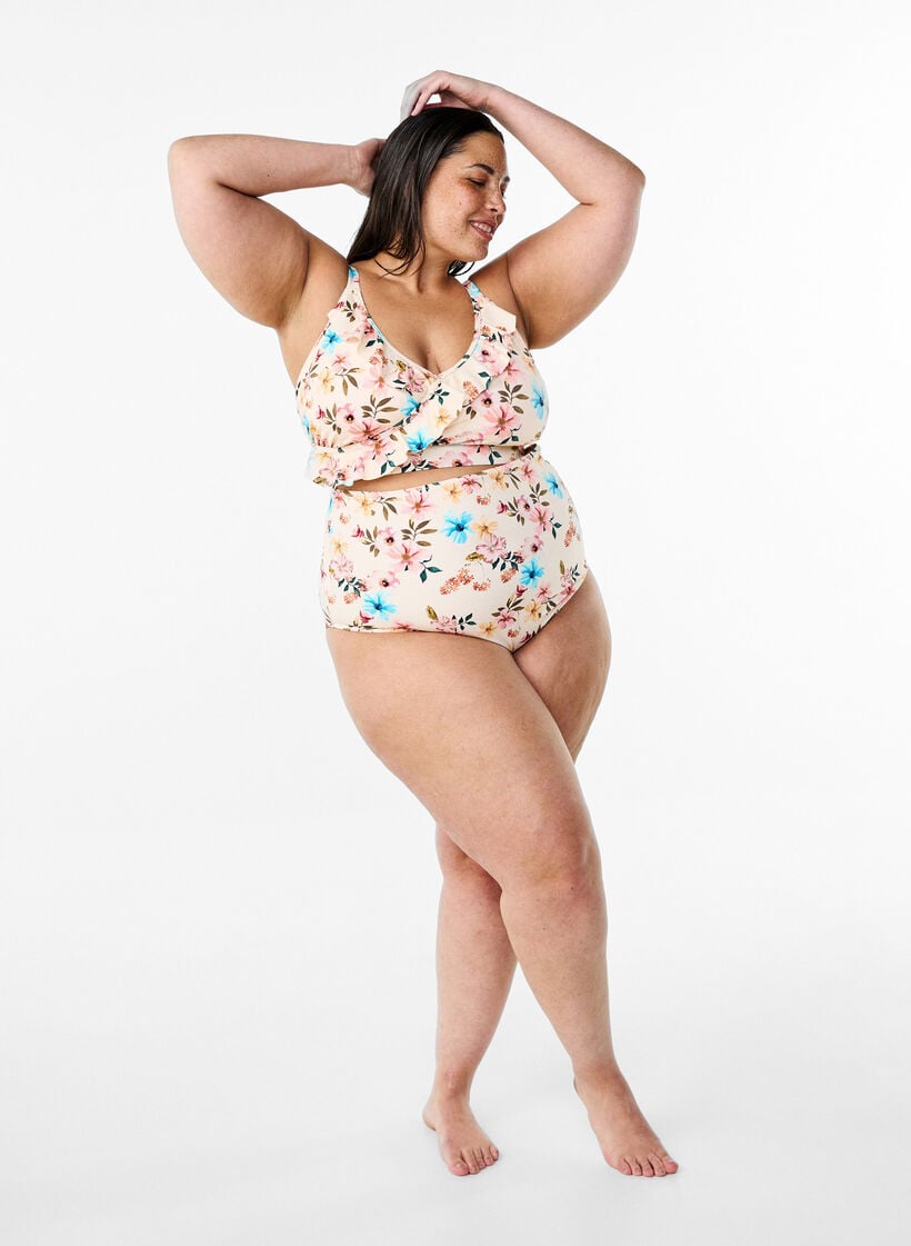 Bikinitopp med blommigt tryck och volangdetaljer, Beige, Model image number 1