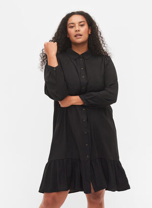Skjortklänning i viskos med volangkant, Black, Model image number 0