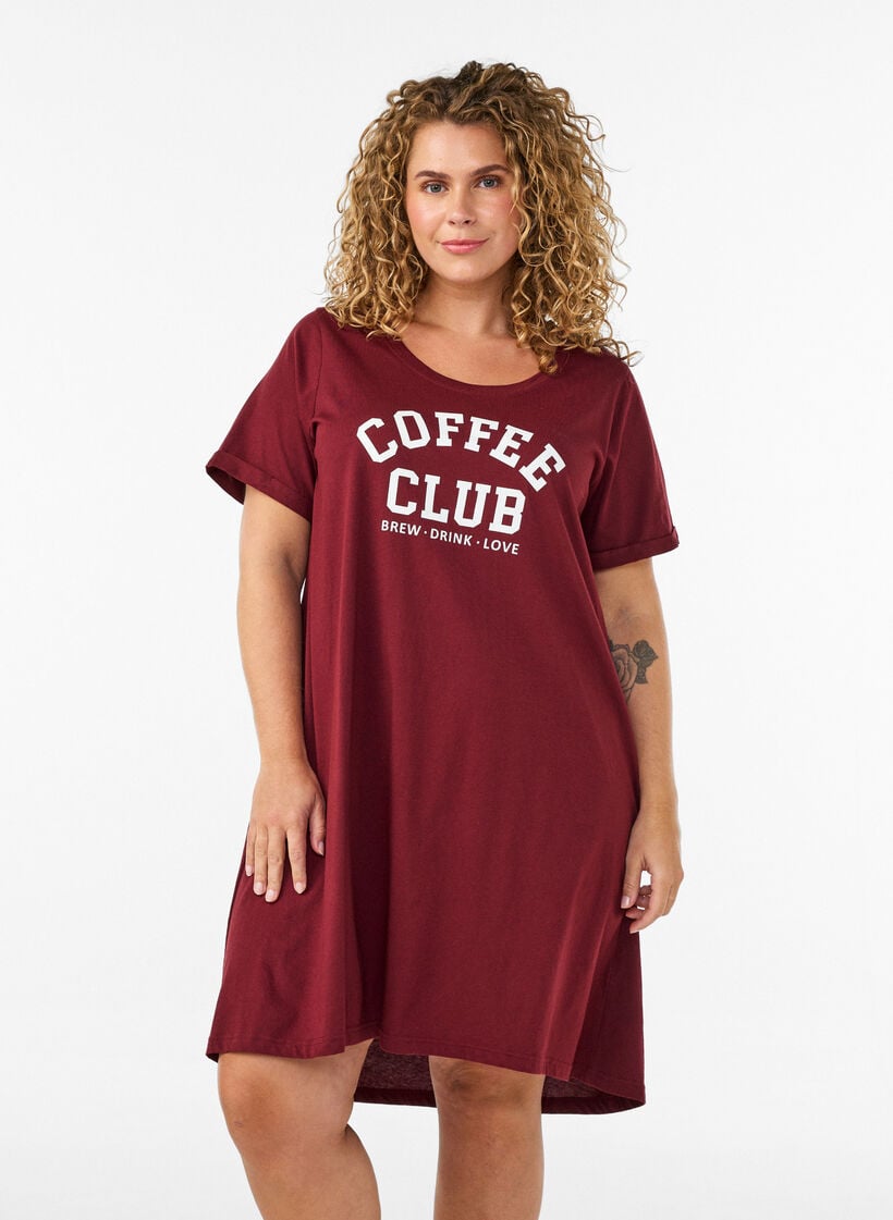 Kort&auml;rmat nattlinne i ekologisk bomull, M&ouml;rk Bordeaux, Model image number 0