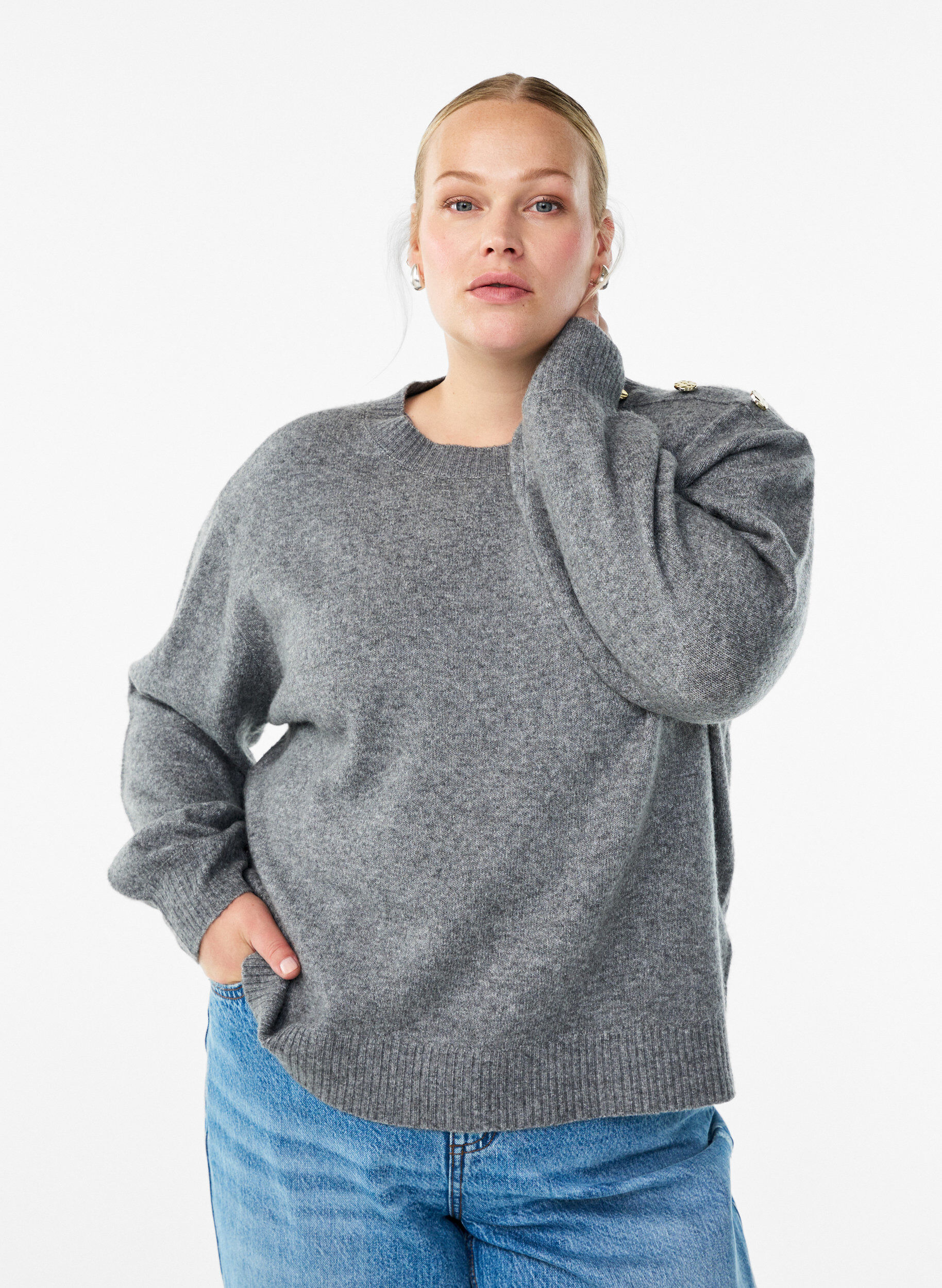 ZizziStickad blus med knappdetalj, Gr&aring;, Model image number 0