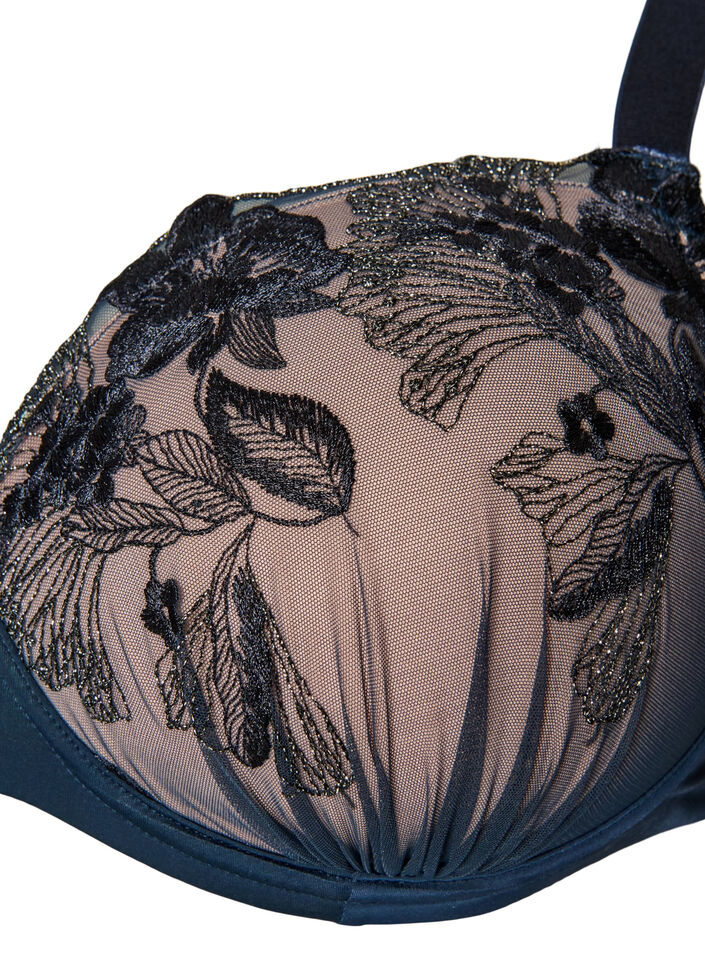Formpressad BH med blommigt broderi och draperade detaljer, Bl&aring;, Packshot image number 2
