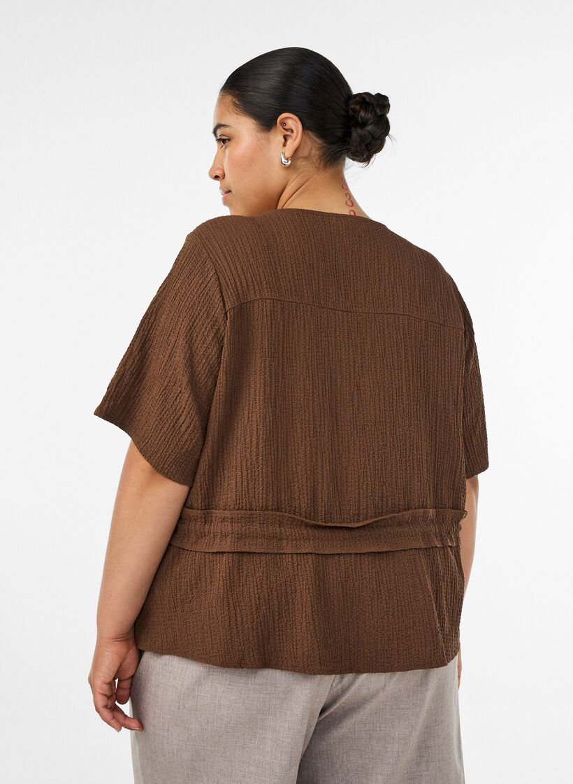Blus med struktur och knyt i midjan, Brun, Model image number 2