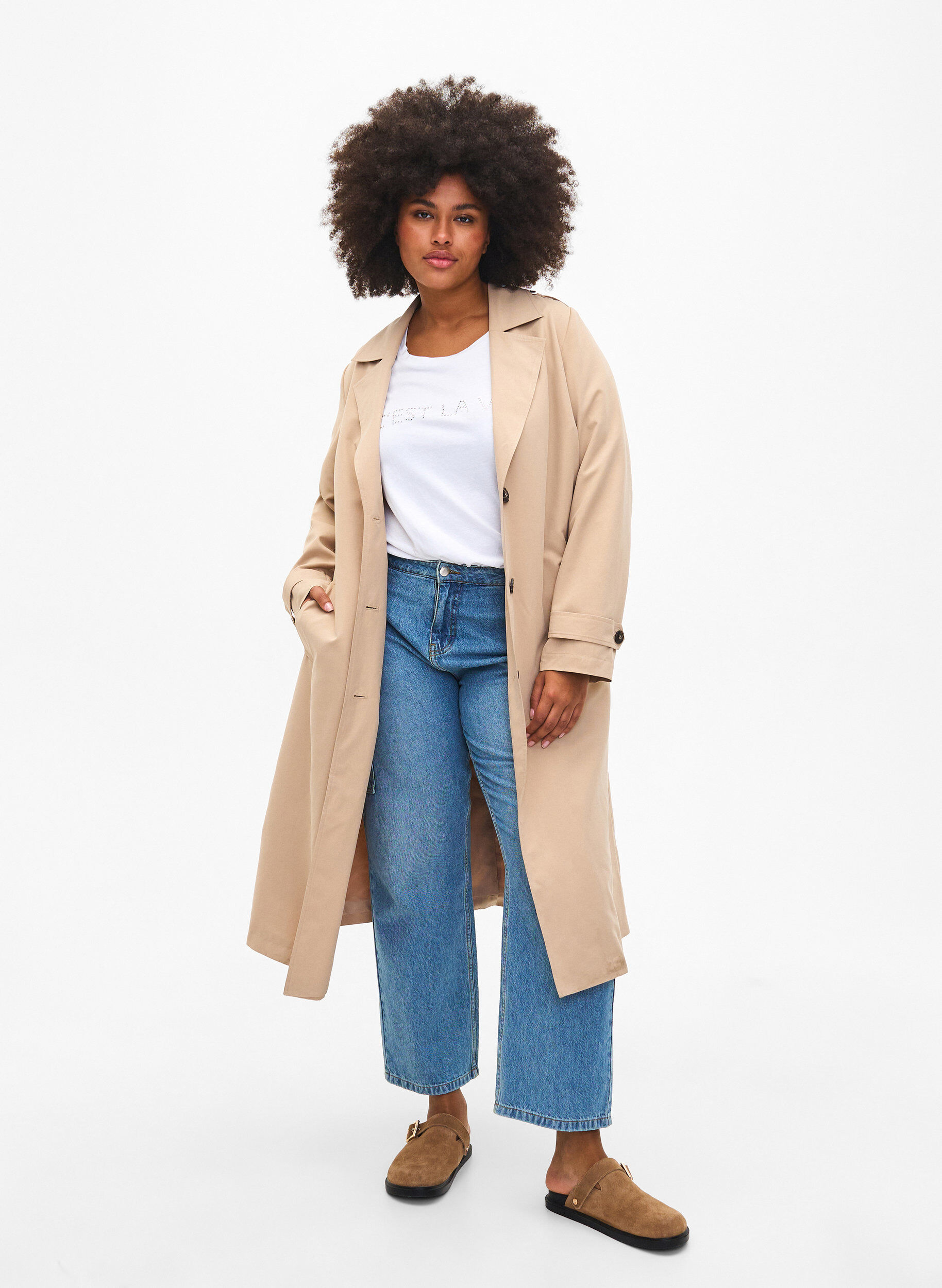 Zizzi L&aring;ng trenchcoat med sk&auml;rp, Nomad, Model image number 0