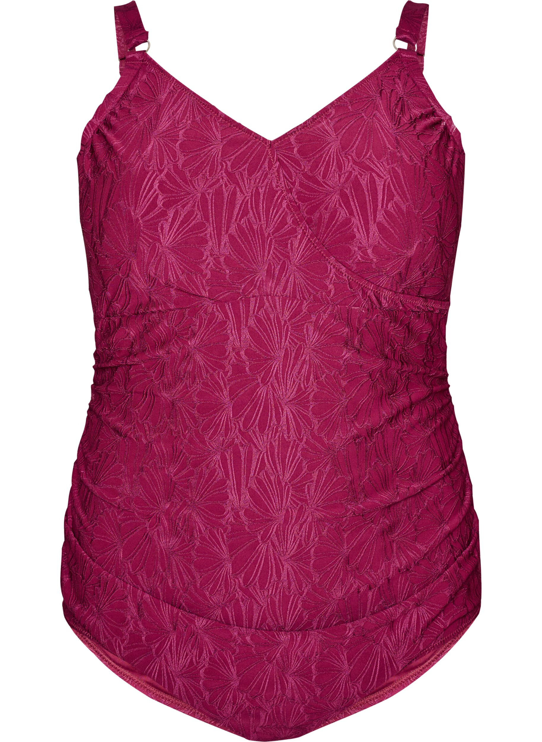 Zizzi Baddr&auml;kt med omlottdetalj och blommig ton-i-ton-struktur, R&ouml;d, Packshot image number 0