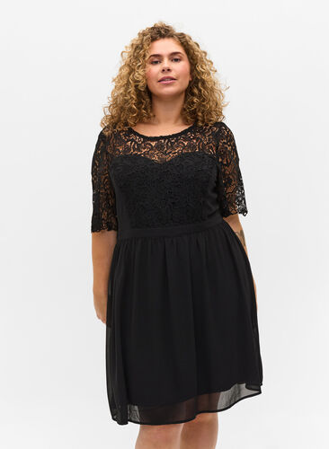 Kortärmad klänning med spetstopp, Black, Model image number 0