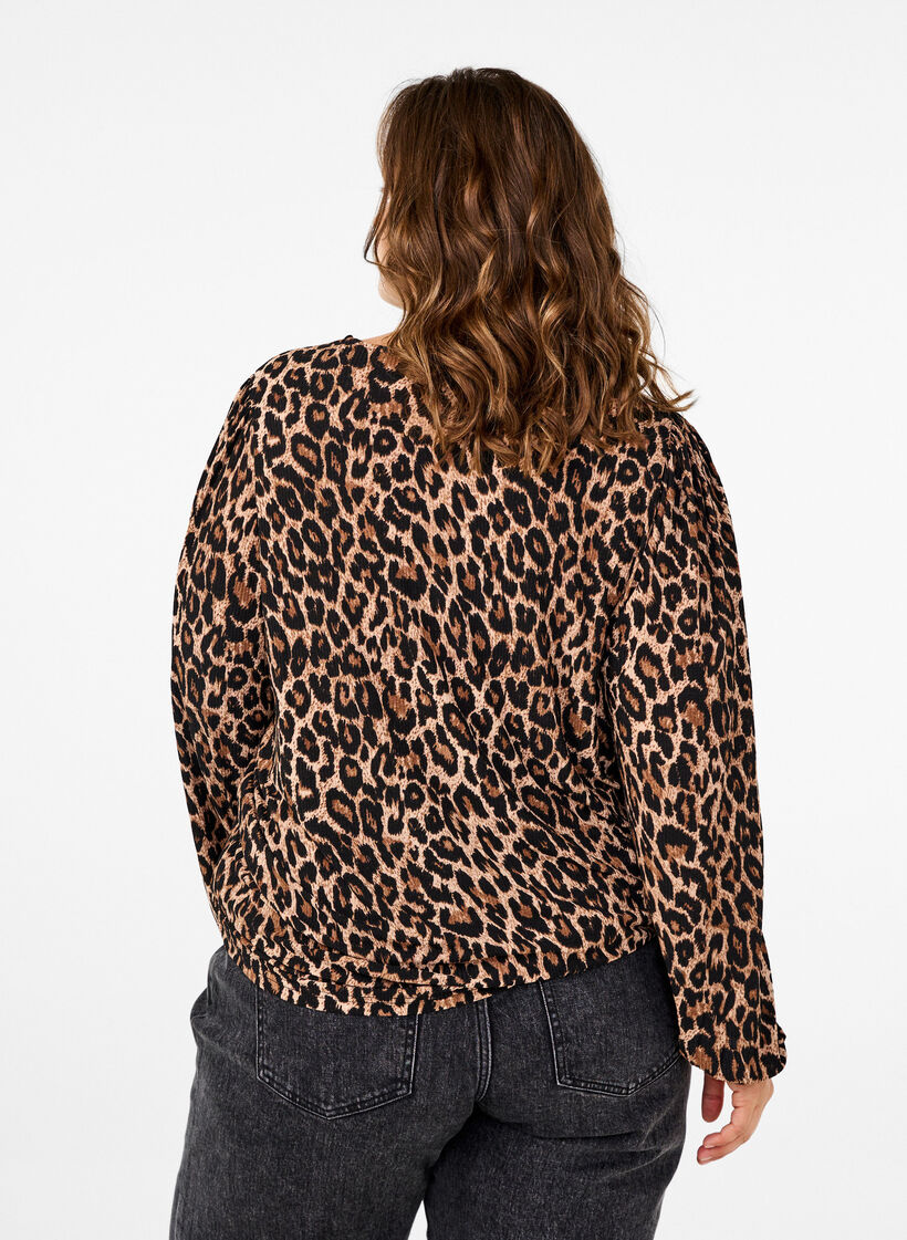 Blus med l&aring;nga &auml;rmar och leopardm&ouml;nster, Brun, Model image number 2