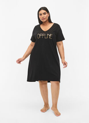 Organisk bomull nattklänning med V-hals , Black Offline, Model image number 2