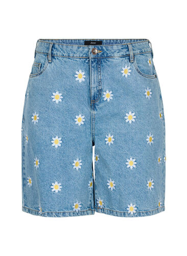 Högmidjade Mille shorts med broderade blommor, Light Blue Flower, Packshot image number 0
