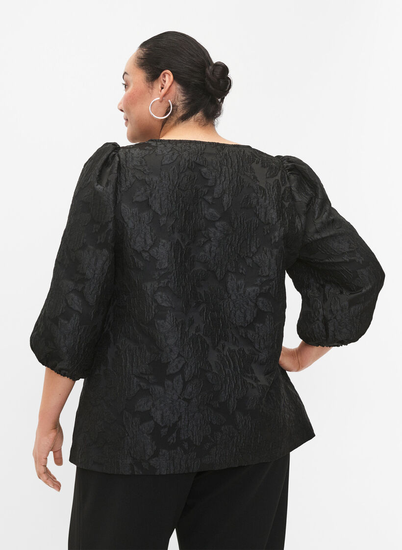Blus i jacquard med 3/4 ärmar, Black, Model image number 1