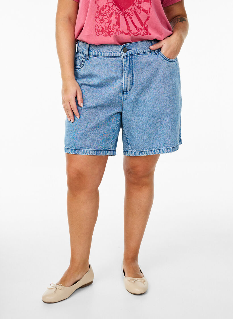 Lösa jeansshorts med hög midja, Blå, Model image number 3