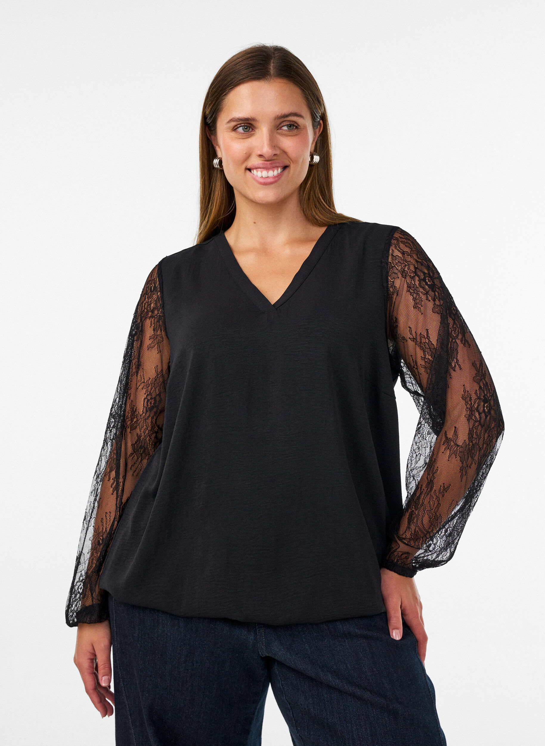 Blus med spets&auml;rmar i ballongmodell, Svart, Model