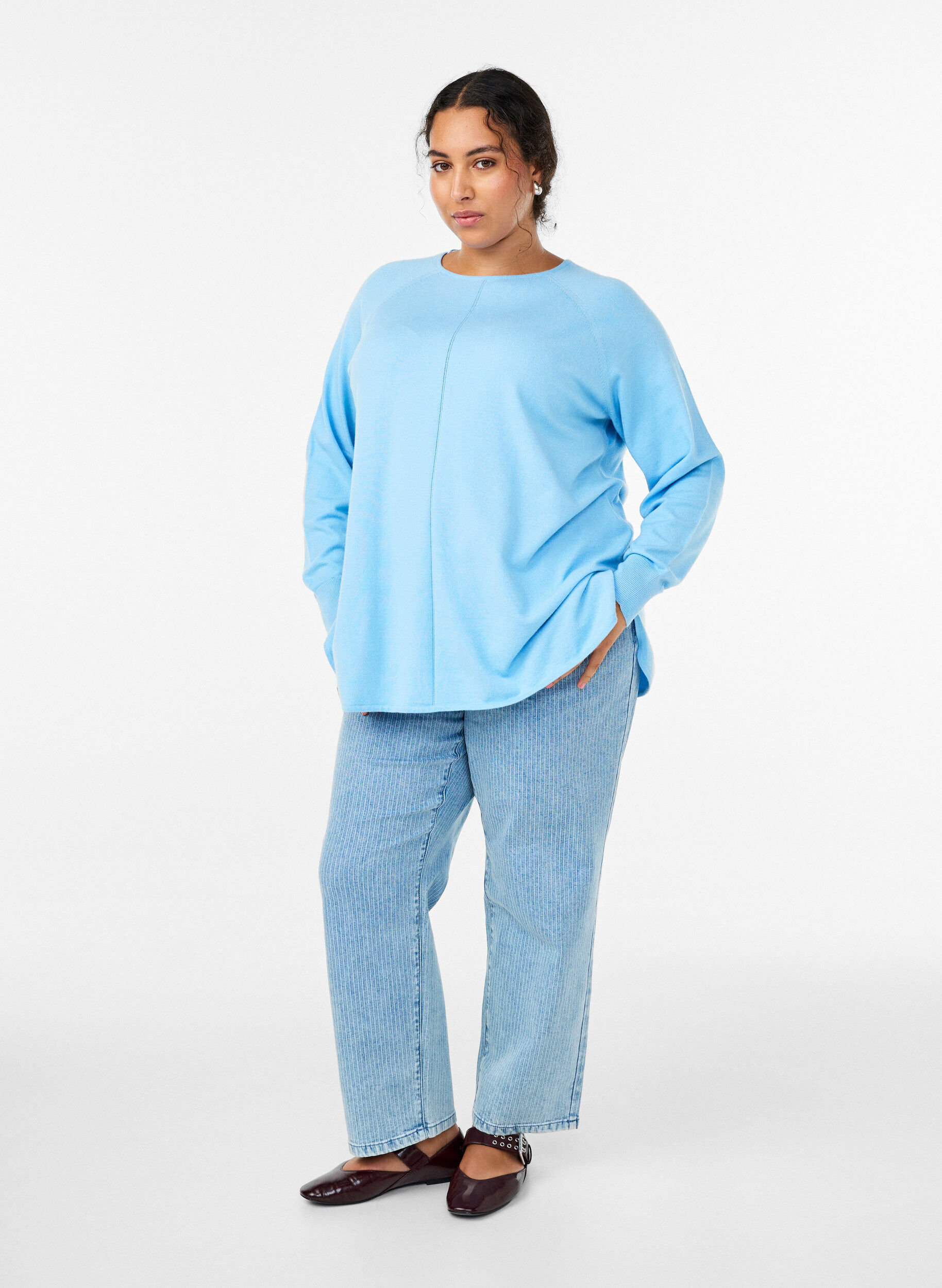ZizziStickad blus med rund hals och stickat m&ouml;nster, Bl&aring;, Model image number 1