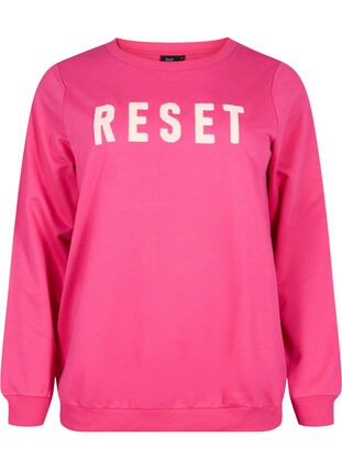 Sweatshirt med text, Fuchsia P. W. Reset, Packshot image number 0