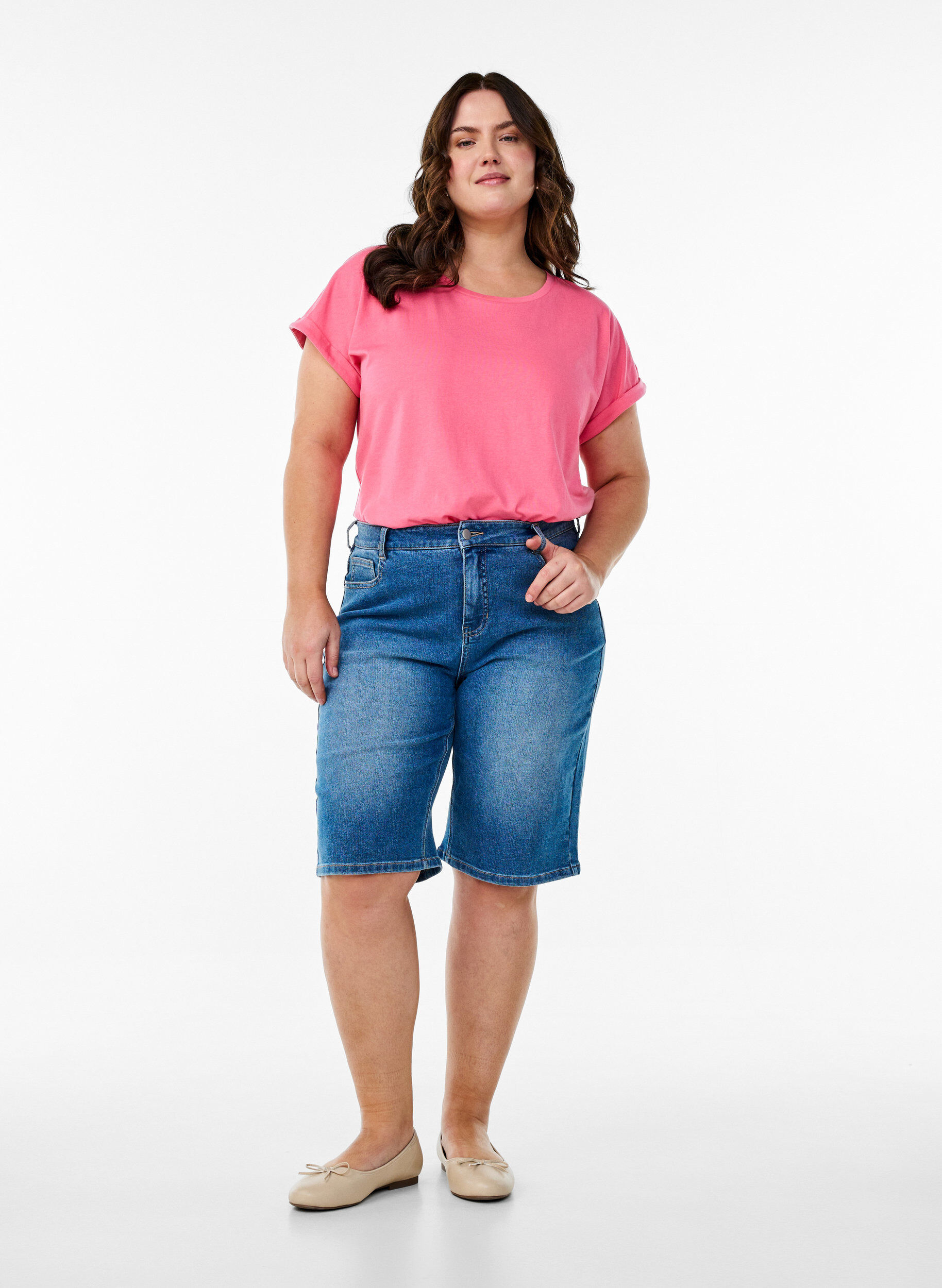 ZizziKort&auml;rmad t-shirt i bomullsblandning, Rosa, Model image number 1