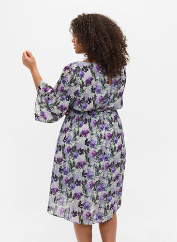 Plisserad klänning med mönster och knytband, Purple Flower Mix, Model image number 1