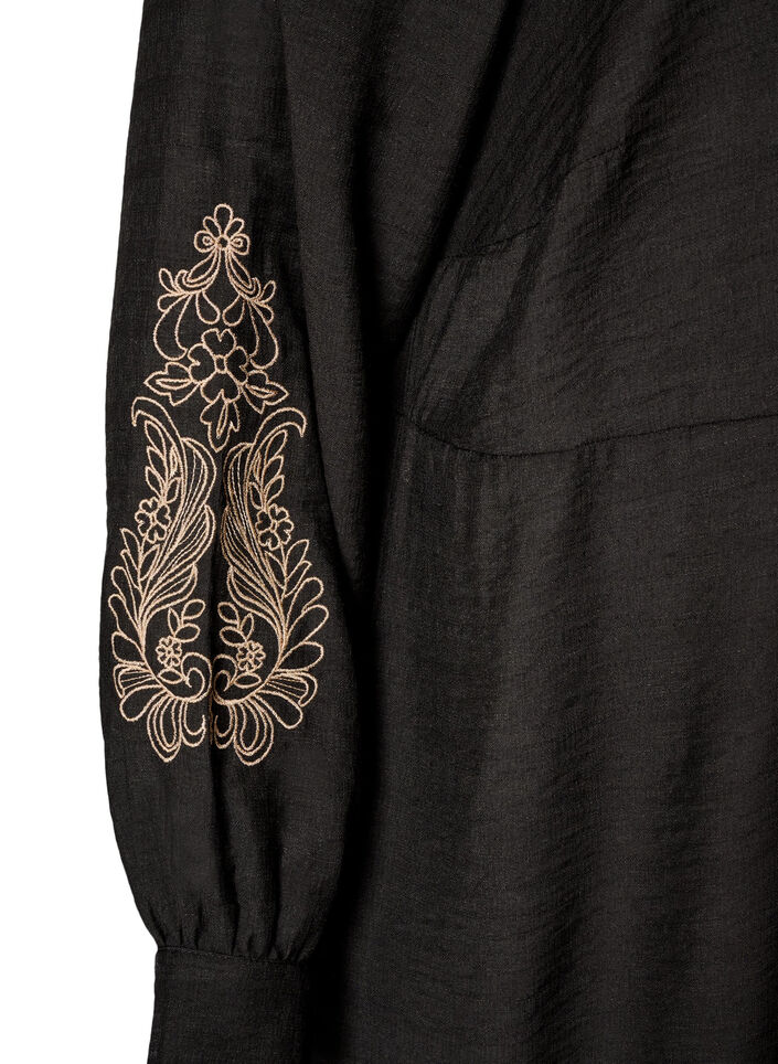 Kl&auml;nning i viskos med broderi och volanger i lager, Svart, Packshot image number 3
