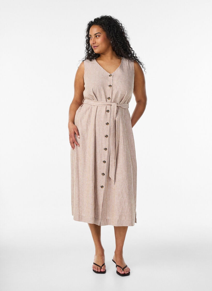 &Auml;rml&ouml;s randig midikl&auml;nning i linne och viskos, Beige, Model image number 0