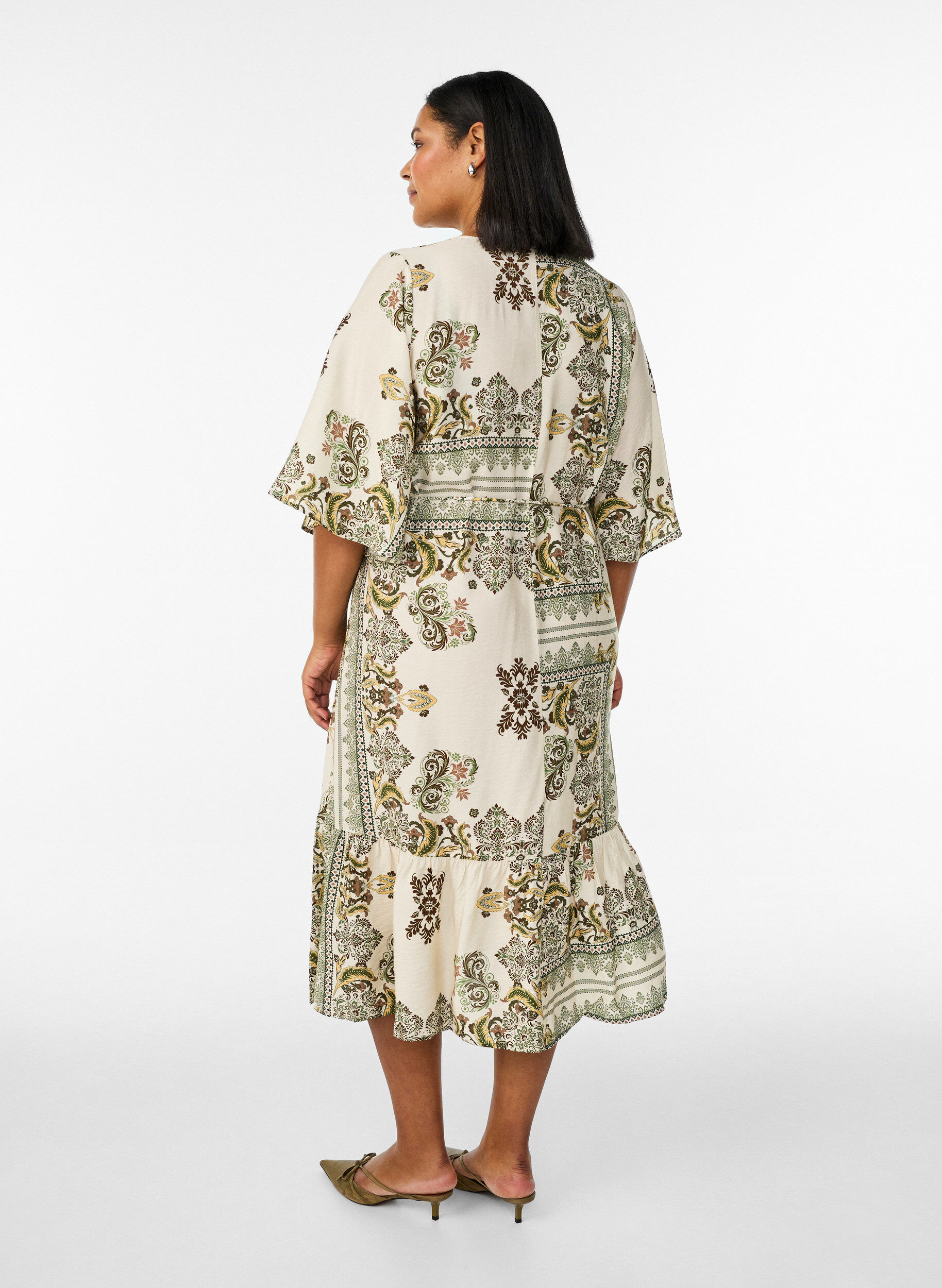 Zizzi M&ouml;nstrad midikl&auml;nning i viskos med knytsk&auml;rp, Gr&ouml;n, Model image number 1