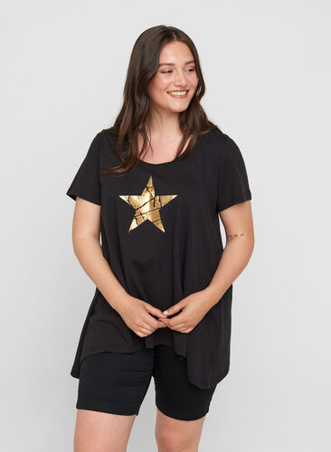 A-linjeformad och asymmetrisk t-shirt i bomull, Black STAR, Model image number 0