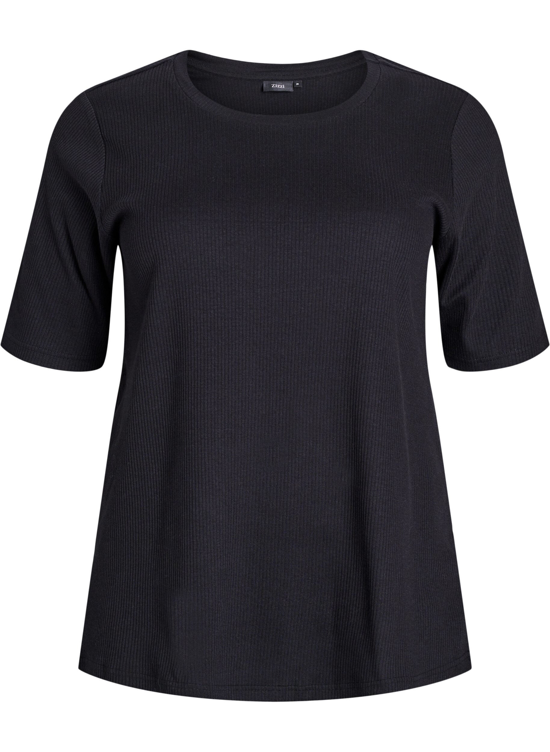 Blus i ribbad jersey med korta &auml;rmar