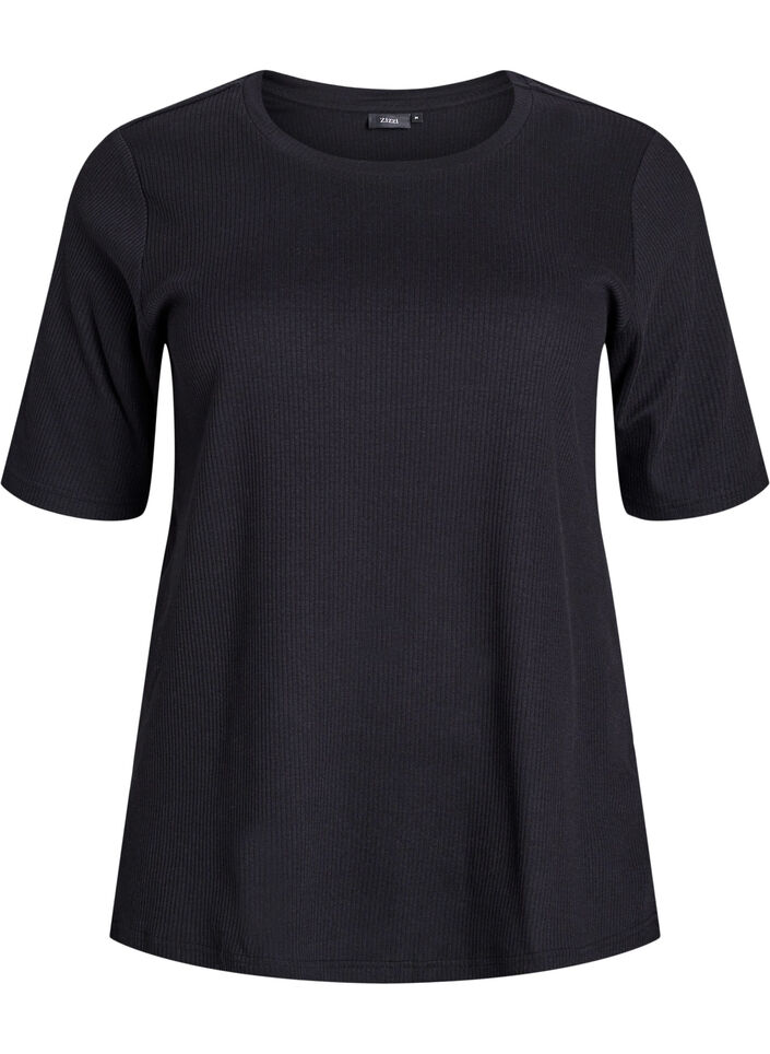 Blus i ribbad jersey med korta &auml;rmar, Svart, Packshot image number 0