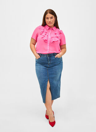 Kortärmad skjortblus med volanger, Pink Power, Model image number 2