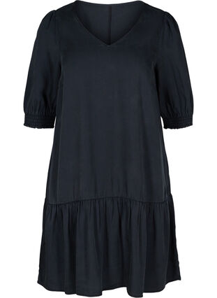 V-ringad klänning med smock, Black, Packshot image number 0