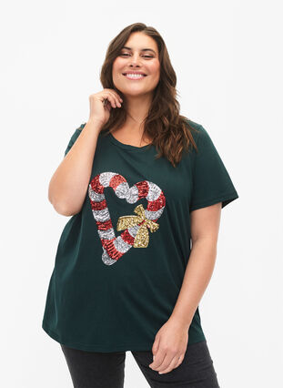 T-shirt med jultryck och paljetter, Scarab W. Stock, Model image number 0