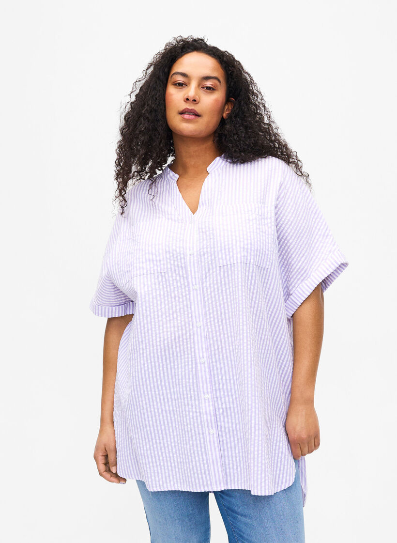 Randig skjorta med bröstfickor, White/LavenderStripe, Model image number 0