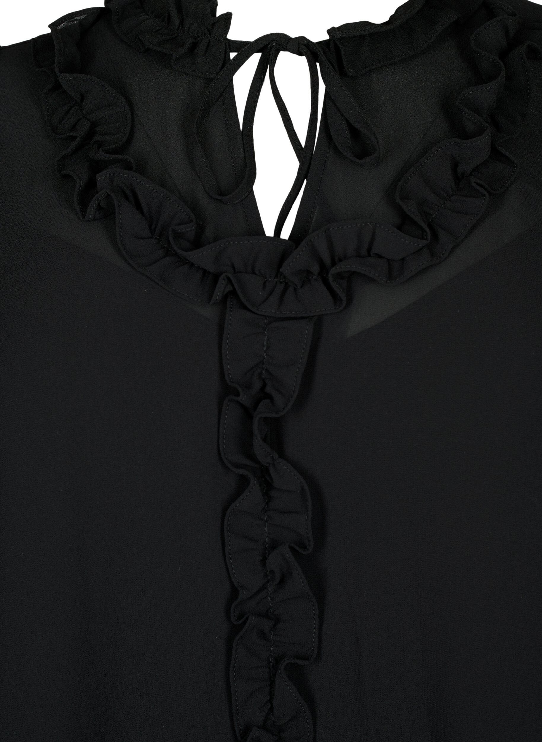 Zizzi A-linjeformad chiffongkl&auml;nning med volangdetaljer, Black, Packshot image number 2