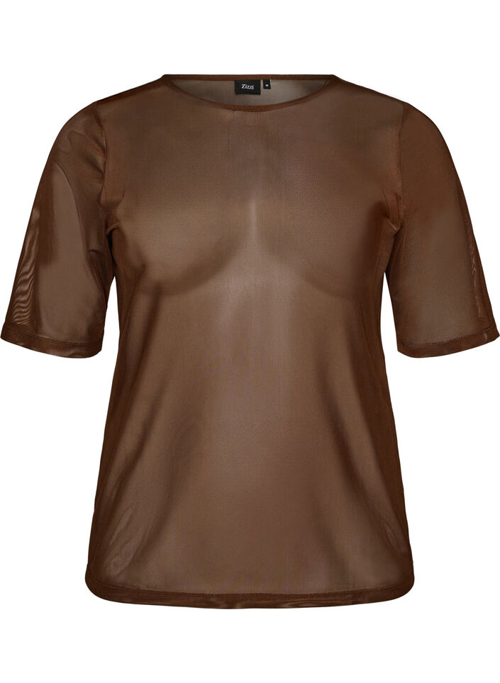 Topp i mesh med korta &auml;rmar och rund hals, Brun, Packshot image number 0