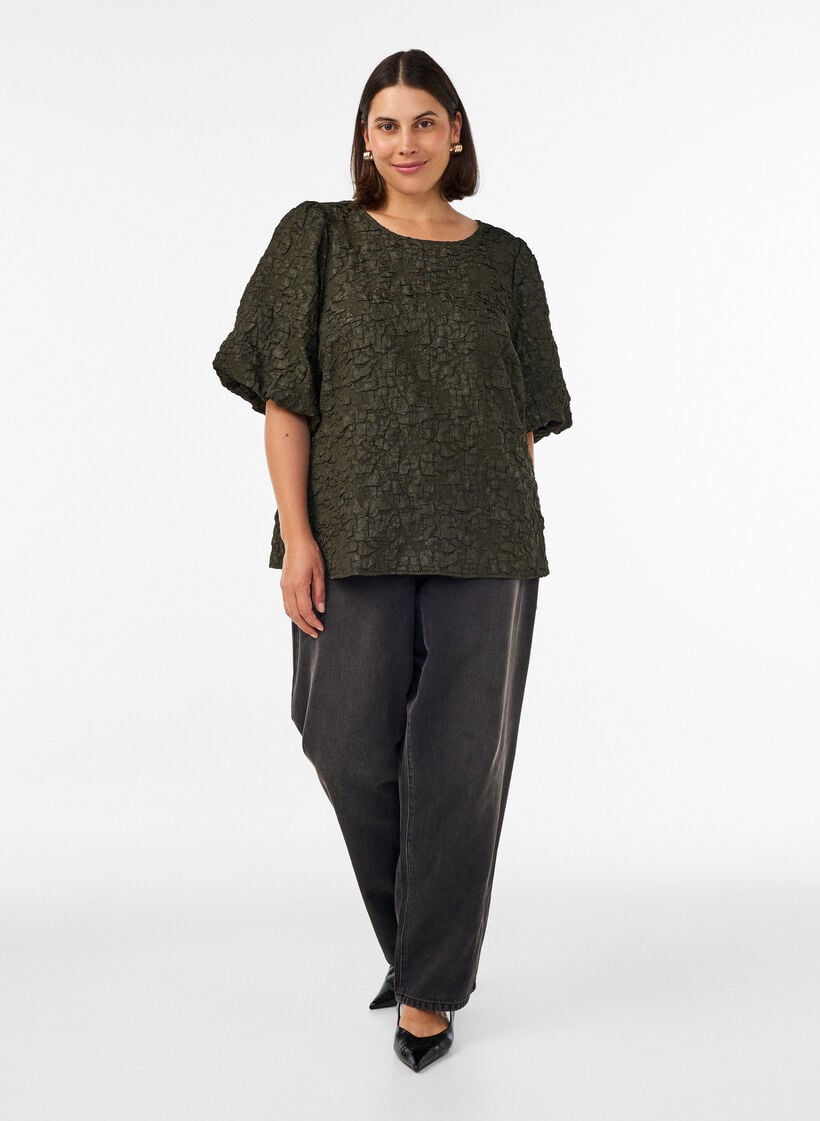 Blus i jacquard med puff&auml;rmar och a-linjeformad passform, Gr&ouml;n, Model image number 1