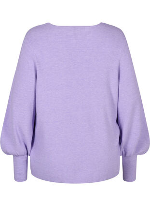 Stickad tröja med v-ringad hals och ballongärmar, Purple Rose Mel, Packshot image number 1