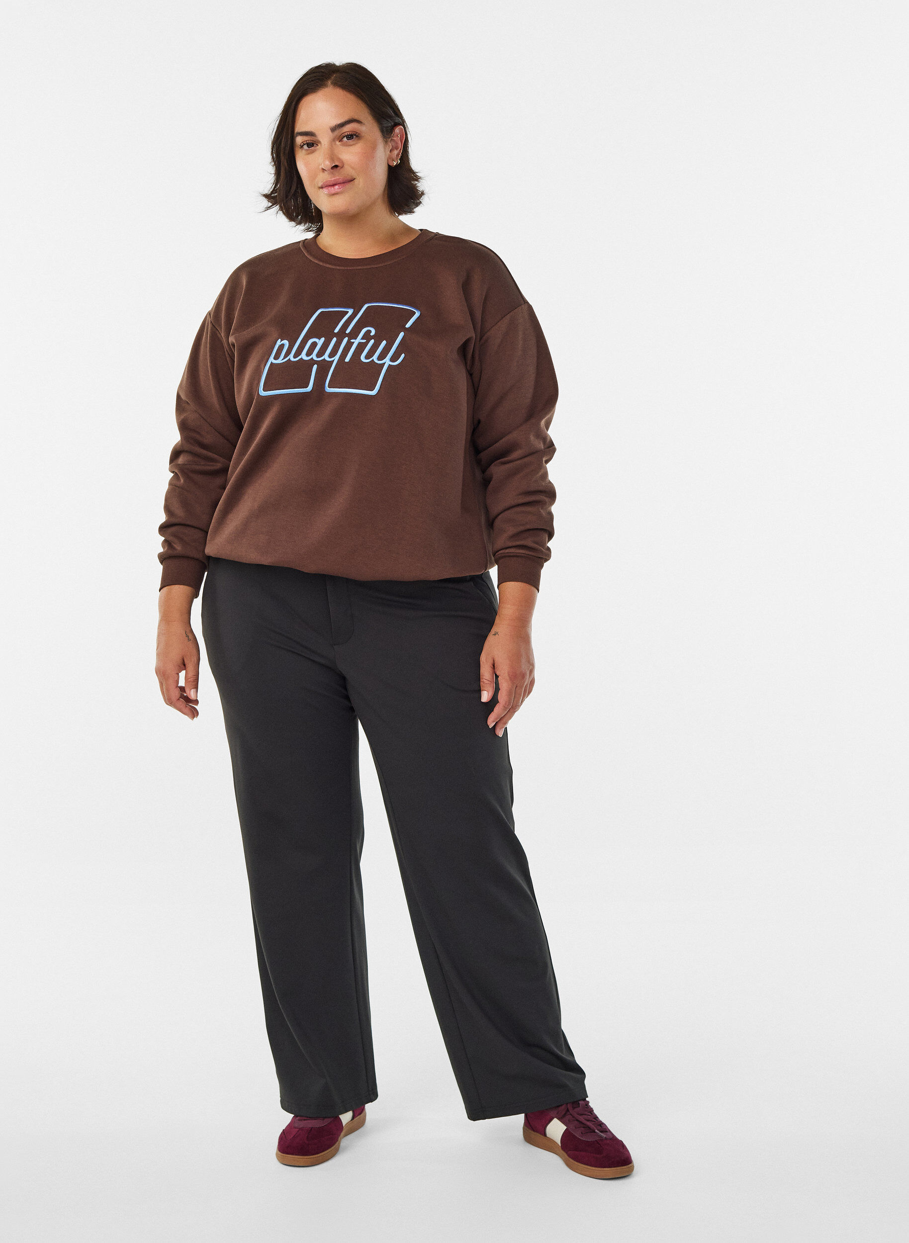 ZizziSweatshirt med broderad text, Brun, Model image number 1