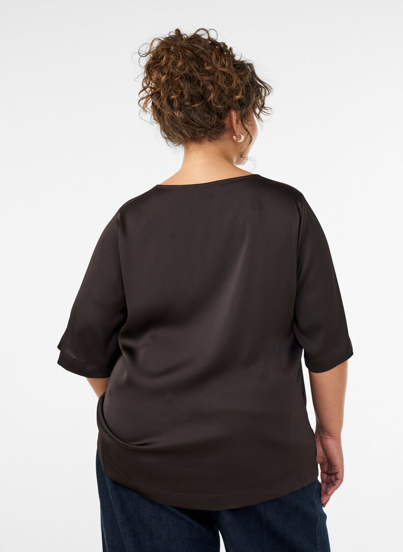 Blus i satin med armb&aring;gsl&aring;nga &auml;rmar, Brun, Model image number 2