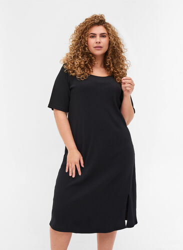 Ribbad klänning med korta ärmar, Black, Model image number 0