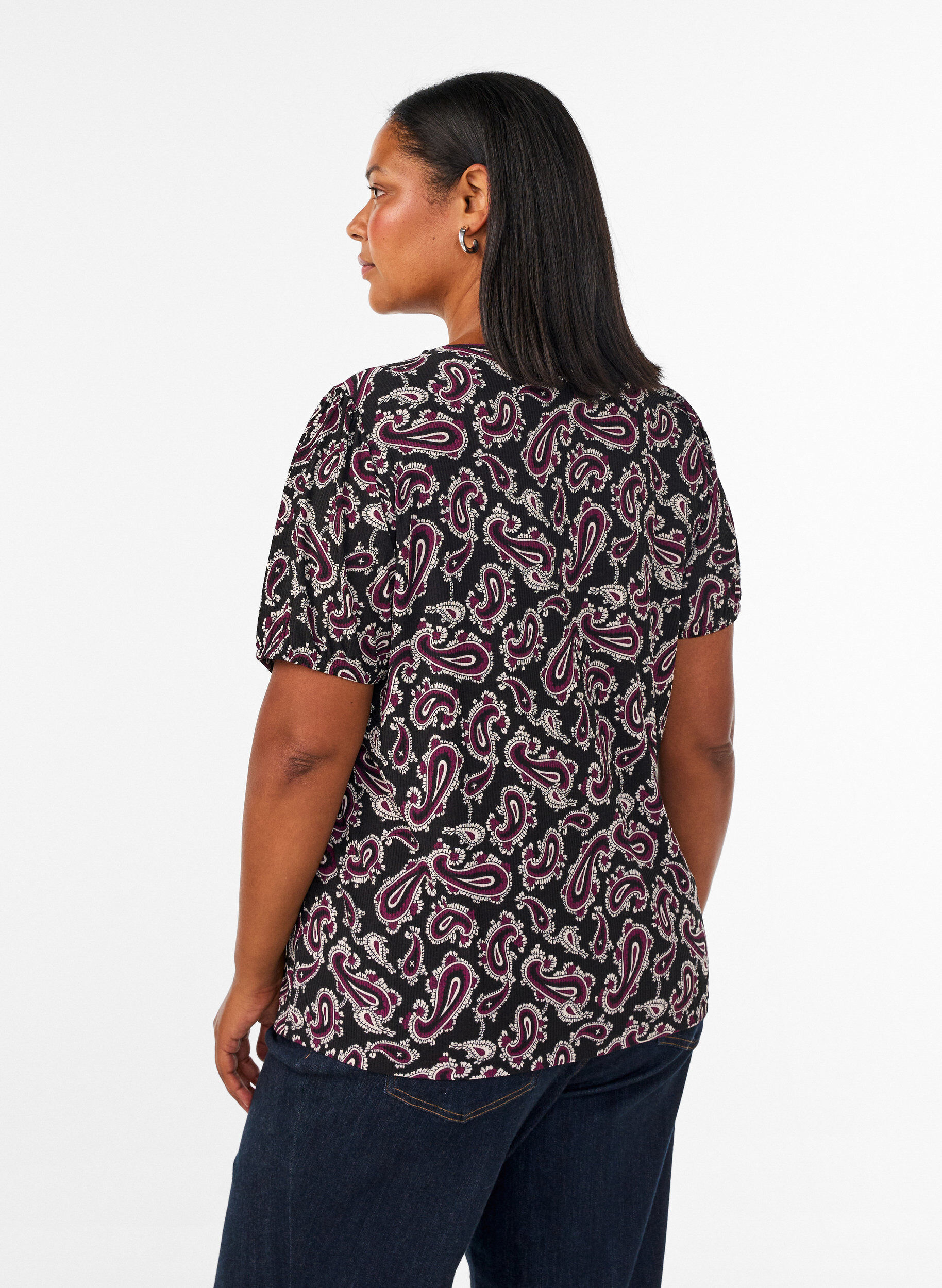 ZizziBlus med l&aring;nga &auml;rmar och paisleym&ouml;nster, M&ouml;rk Bordeaux, Model image number 2