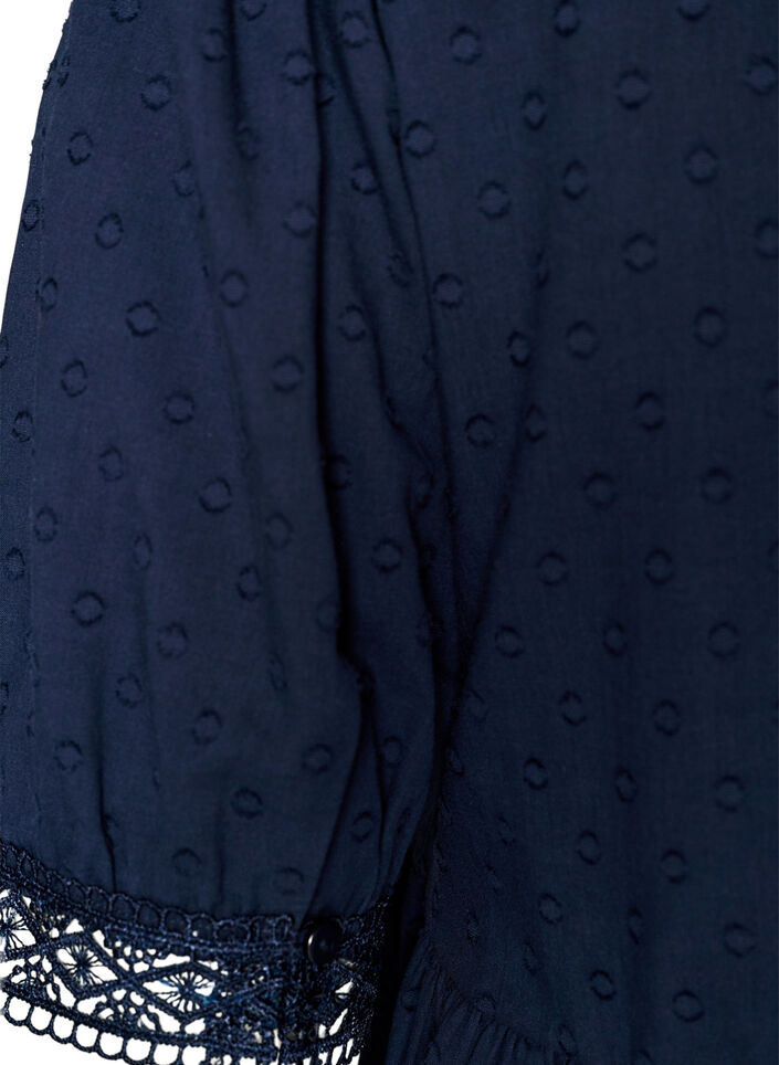 Blus i texturerad bomull med virkade detaljer, Bl&aring;, Packshot image number 3