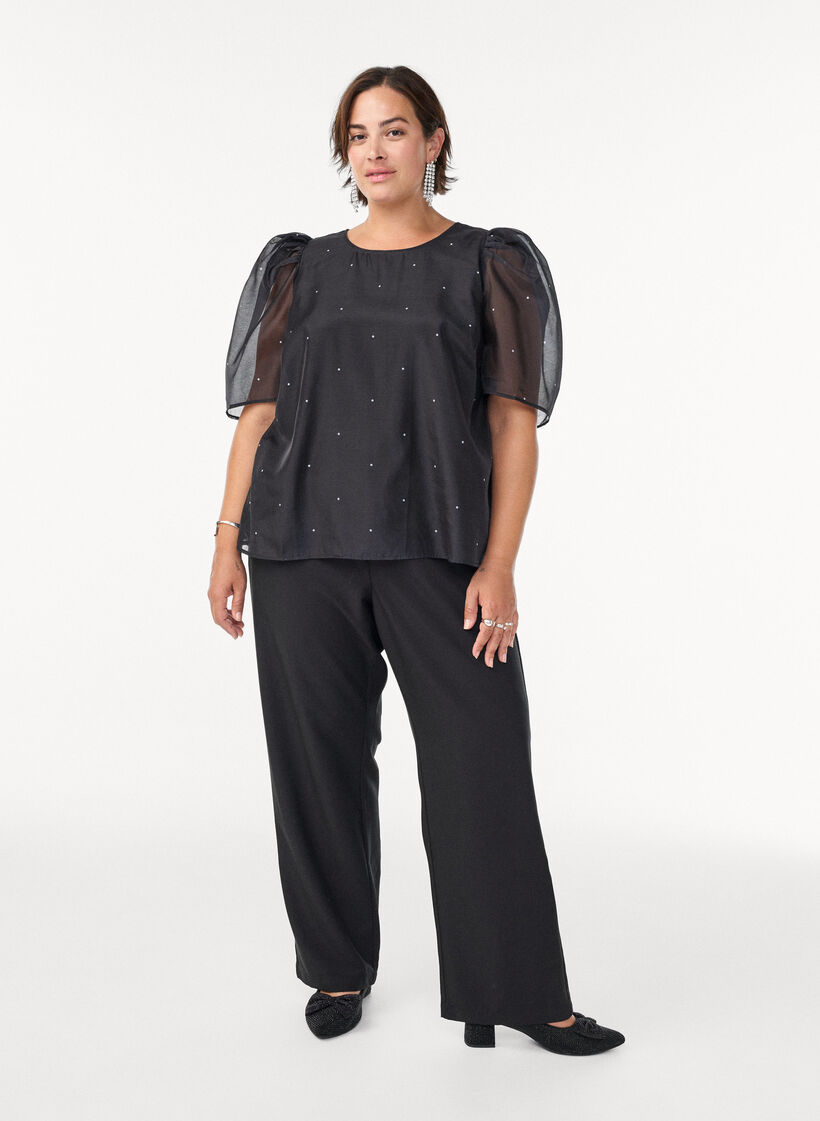 Festblus i organza-look med prickar, Svart, Model image number 1