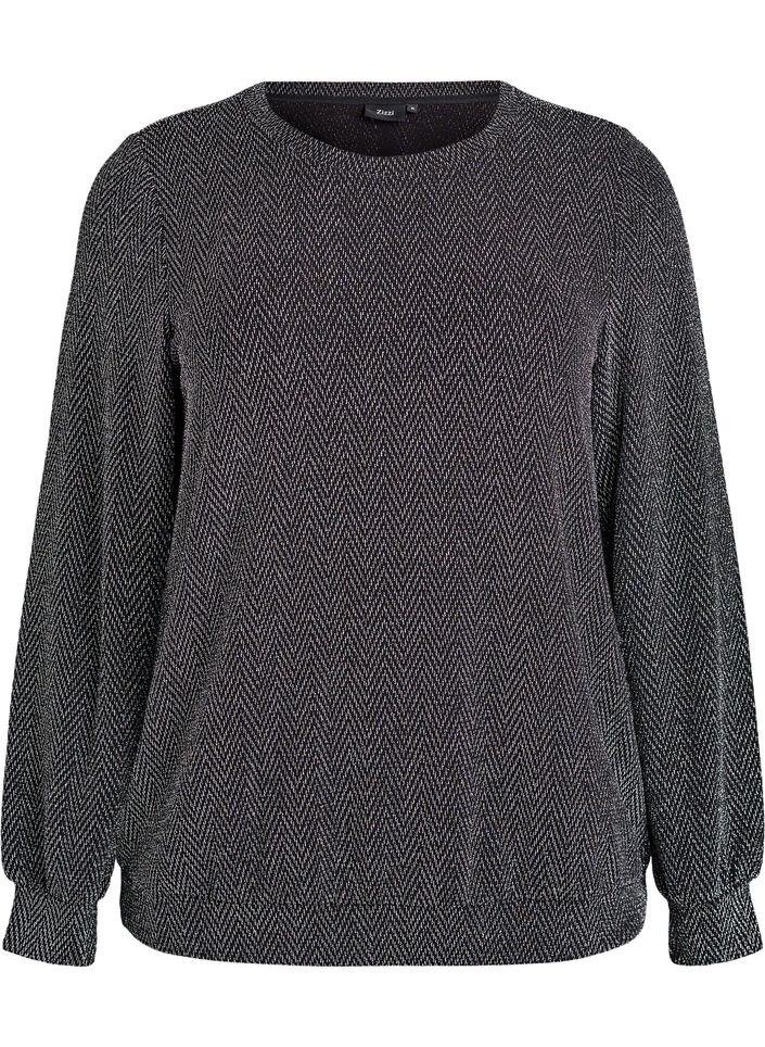 Blus med fiskbensmönster och glittertråd, Svart, Packshot image number 0