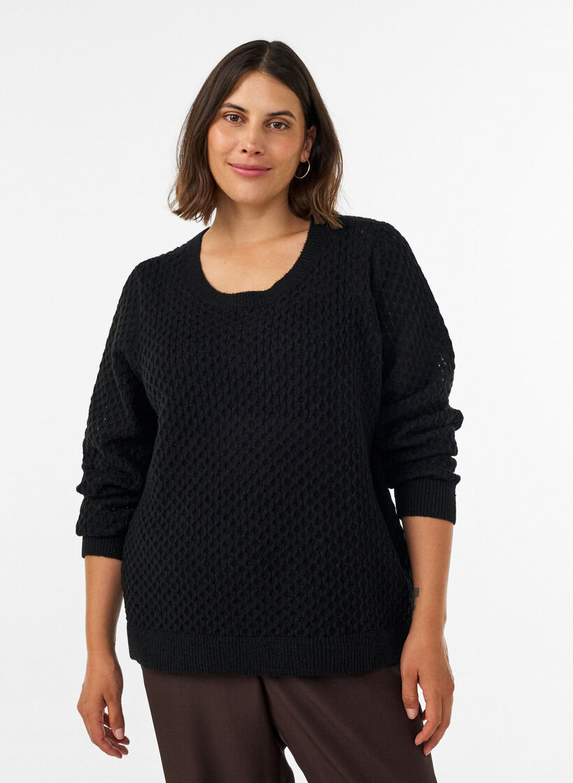 Stickad blus med strukturerat h&aring;lm&ouml;nster, Svart, Model image number 0