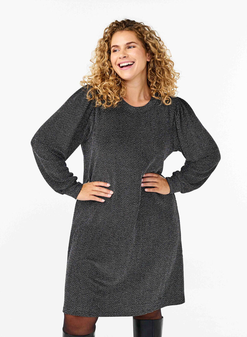 Klänning med sicksackmönster och glitter, Silver ZigZagShimmer, Model image number 0