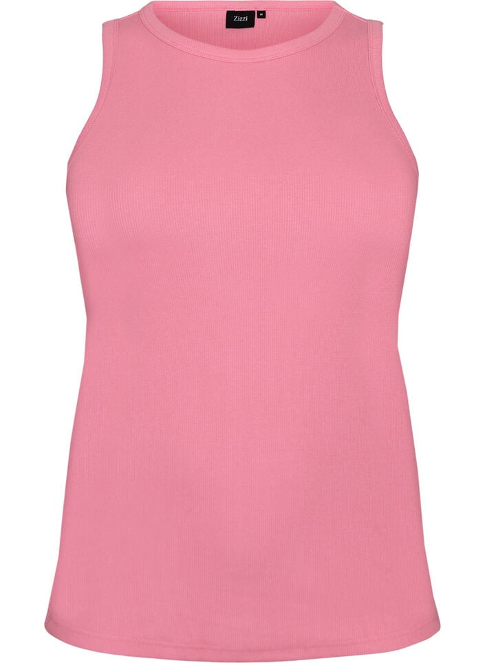 Ribbad topp i bomull med h&ouml;g hals, Rosa, Packshot image number 0